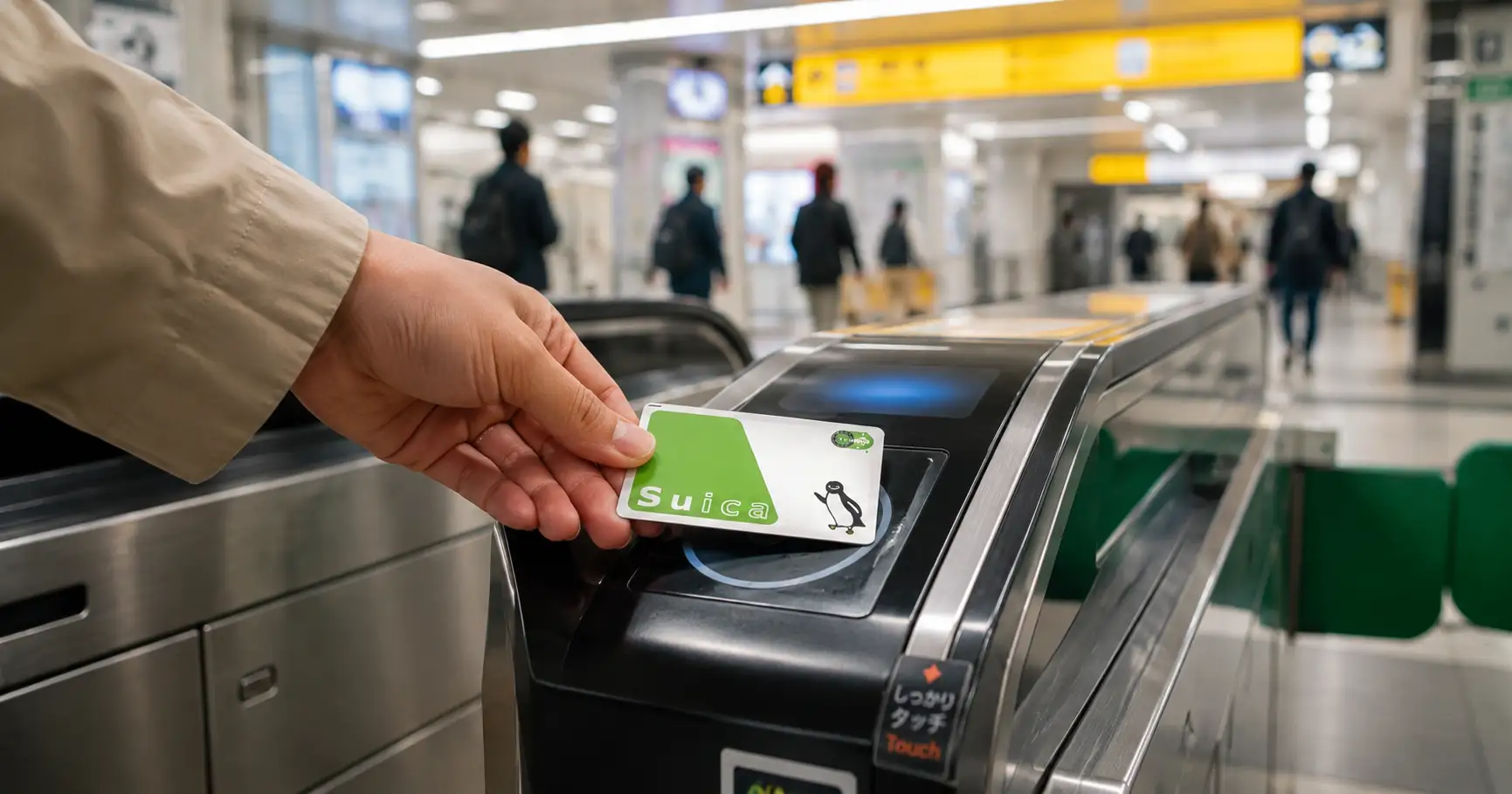 Traveller tapping an IC card at a Tokyo train station gate