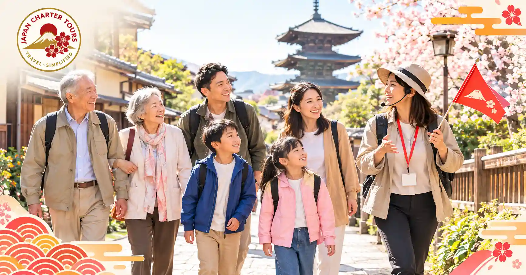 Multi-generational family exploring Japan with a private tour guide