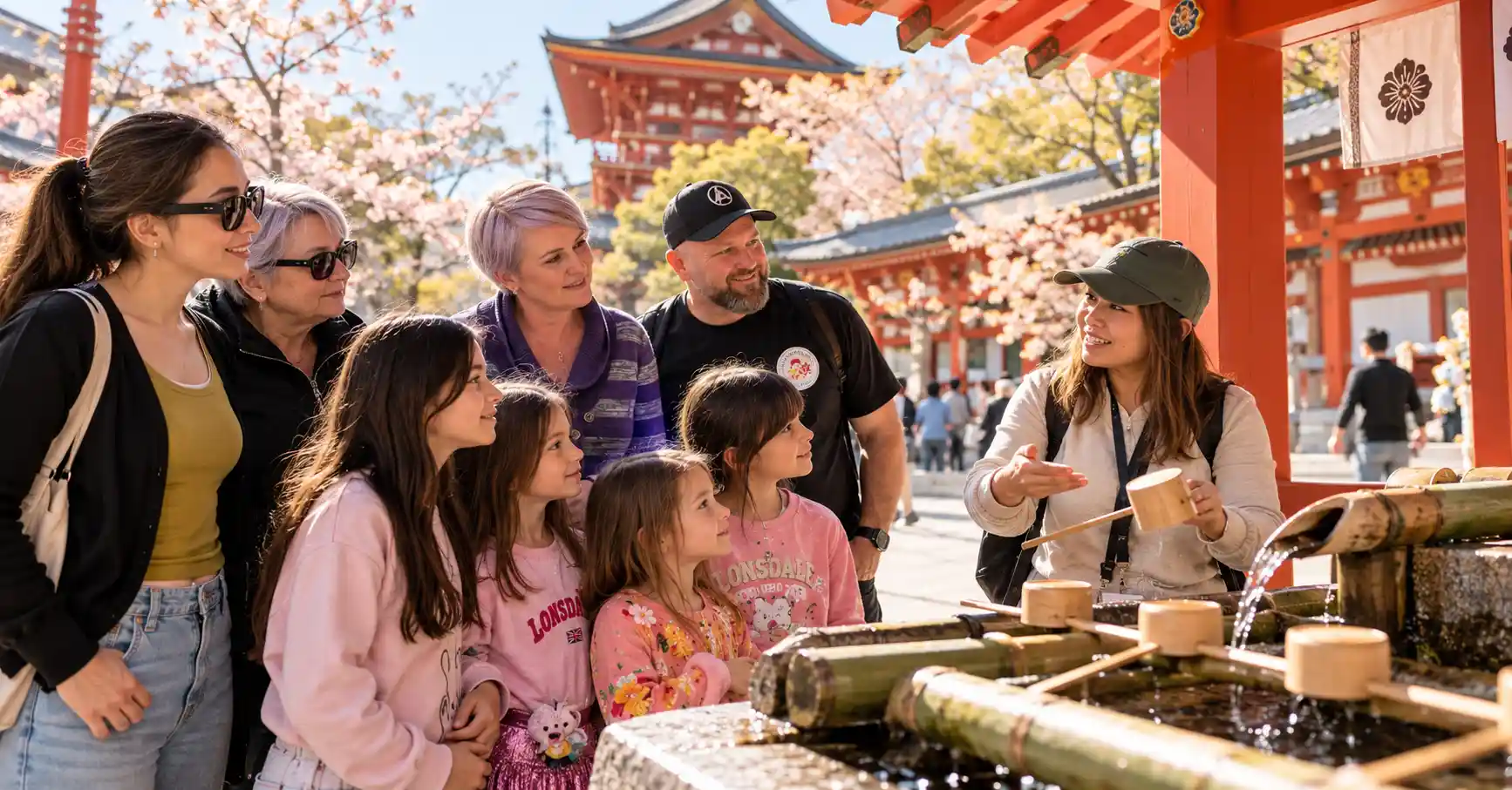 Private guide explaining Japanese customs to a small tour group